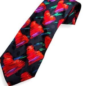 Vintage Addiction Hopeless Romantic Silk Tie Black w/ Red Hearts 1990’s Novelty